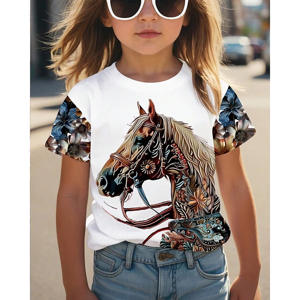 Mädchen 3D Graphic Pferd T-Shirt Kurzarm Sommer Frühling Modisch Basic kinderkleidung 4-12 Jahre Rundhalsausschnitt Outdoor Casual Täglich Regular Fit Lightinthebox