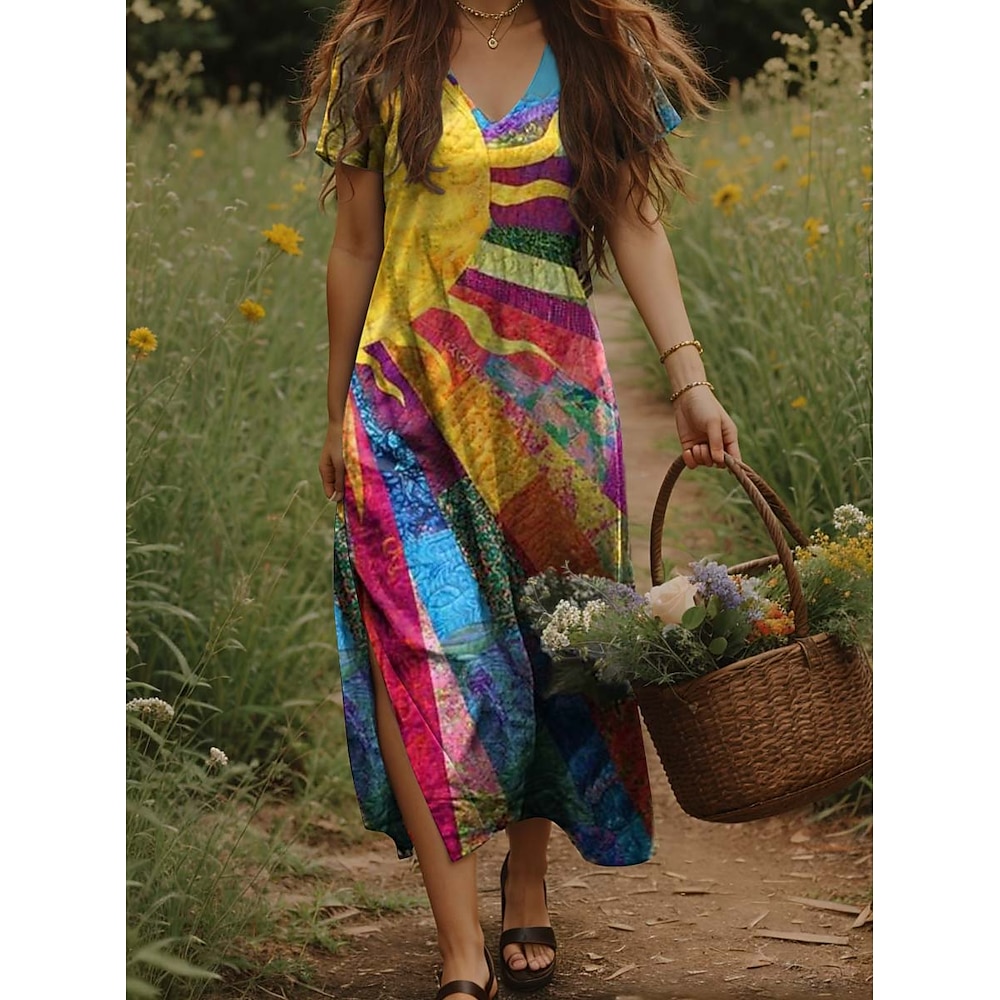 Damen Maxidress Vintage-Kleid Casual kleid A Linie Kleid Böhmen Urlaub Vintage Urlaub Täglich Regular Fit Farbverlauf Blumen Farbblock Kurzarm V Ausschnitt Regenbogen Sommer Frühling Lightinthebox