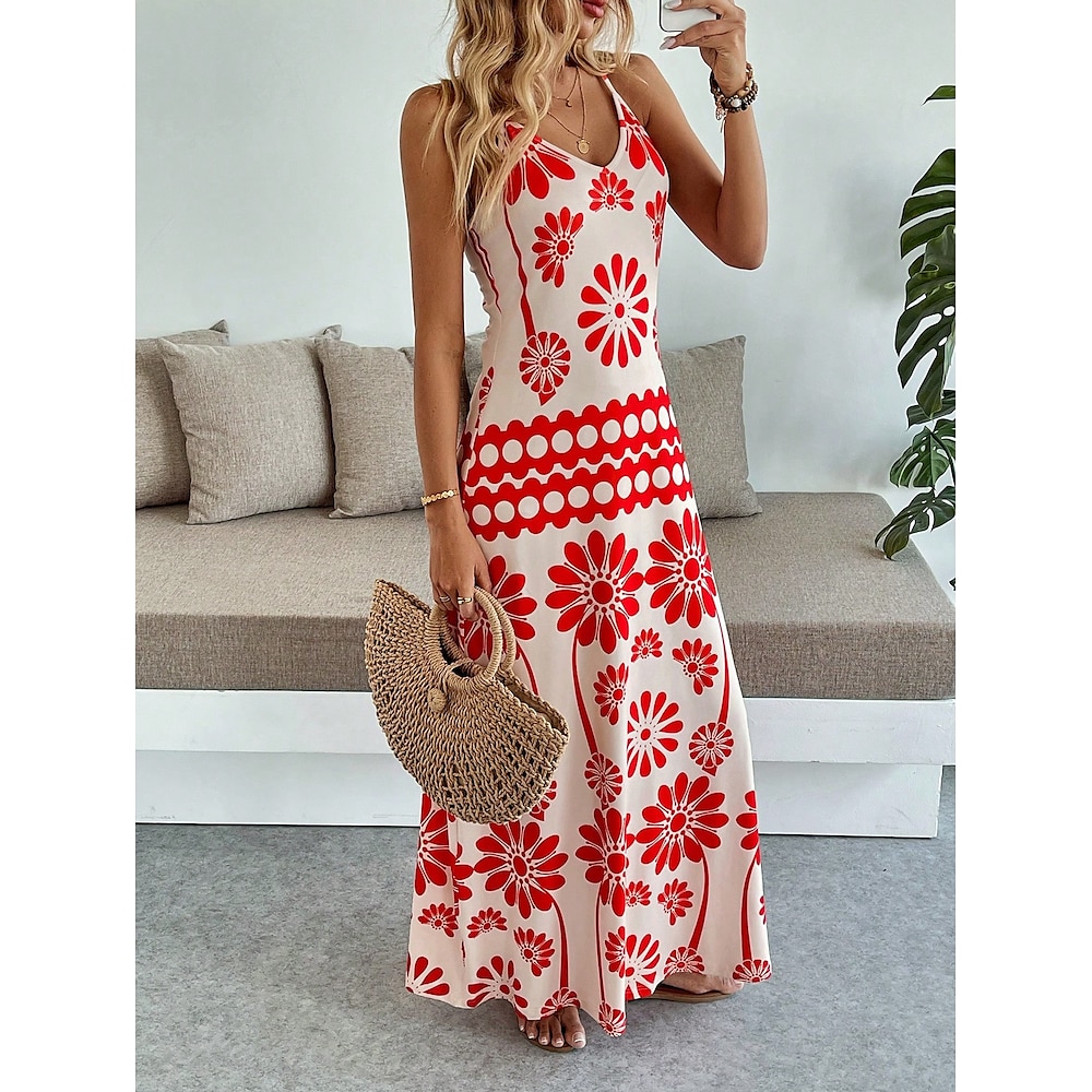 Damen Maxidress Casual kleid A Linie Kleid Sommerkleid skims dress Urlaub Vintage Ethnisch Täglich Regular Fit Blumen Graphic Ärmellos V Ausschnitt Rote Sommer Frühling Lightinthebox