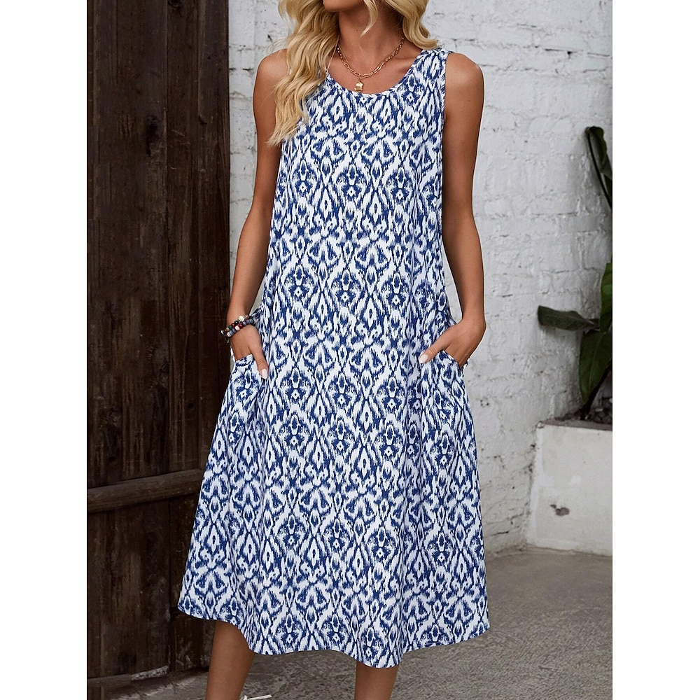 Damen Midikleid A Linie Kleid Sommerkleid Brautkleider schlicht Urlaub Regular Fit Graphic Geometrisch Ärmellos Rundhalsausschnitt Blau Sommer Lightinthebox