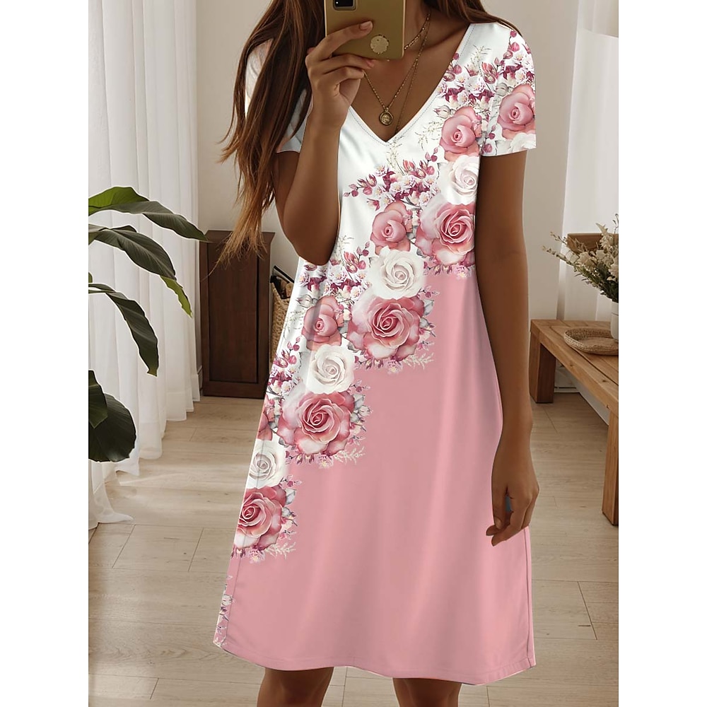 Damen Casual kleid Elegant Tropisch Hawaiianisch Täglich Regular Fit Blumen Kurzarm Rundhalsausschnitt Rosa Sommer Frühling Lightinthebox