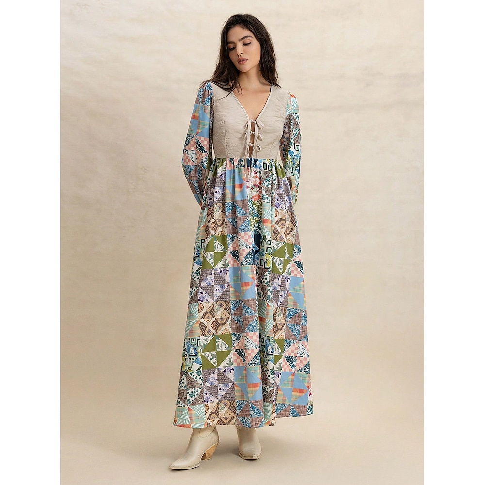 Damen kleid lang Maxidress Boho-Kleid Boho Laternenärmel Regular Fit Geometrisch Langarm V Ausschnitt Aprikose Sommer Frühling Herbst Winter Lightinthebox