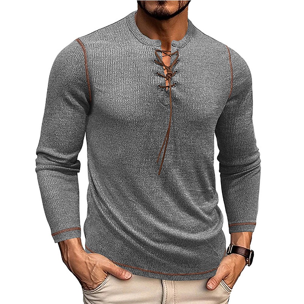 Herren T Shirt Henley Shirt Tee T-Shirt langarmshirt Glatt Henley Urlaub Strasse Langarm mit Schnürung Bekleidung Polyester Modisch Designer Basic Lightinthebox