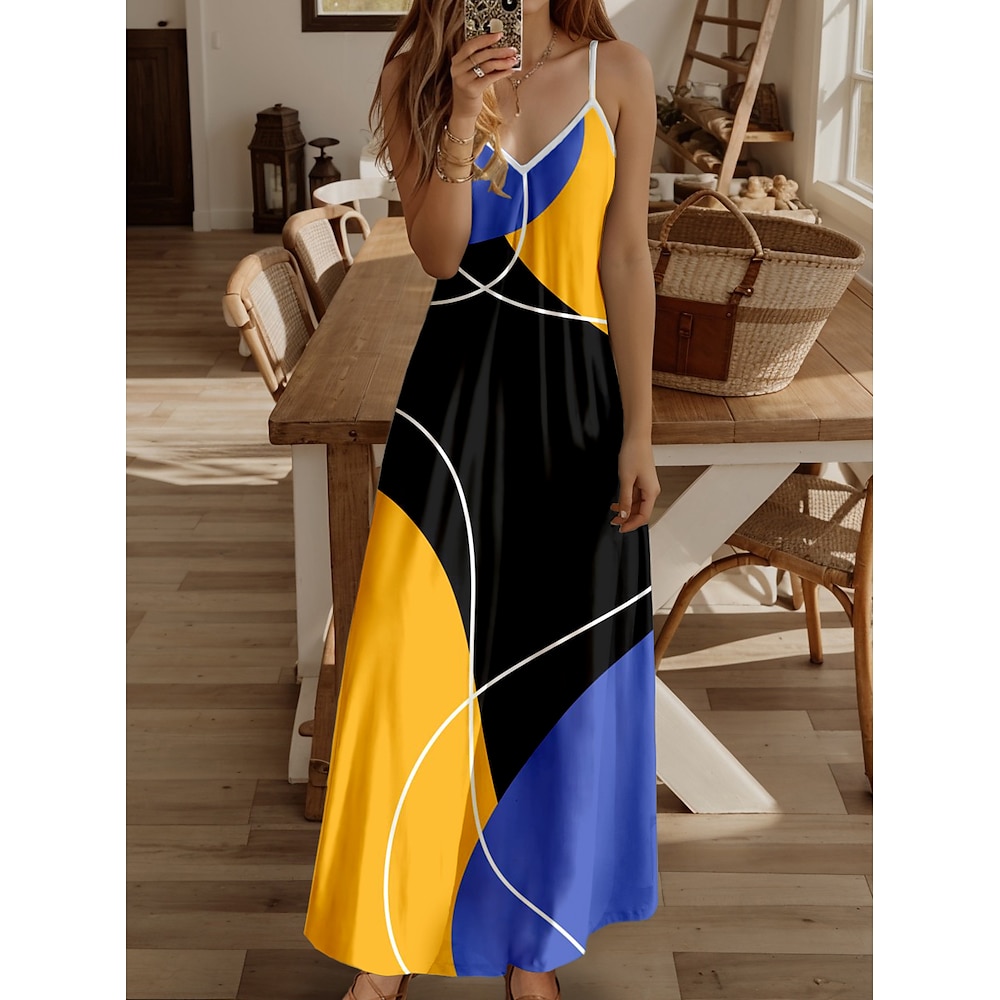 Damen Maxidress Casual kleid Sommerkleid A Linie Kleid skims dress Brautkleider schlicht Fließend Urlaub Casual Täglich Regular Fit Graphic Geometrisch Farbblock Ärmellos V Ausschnitt Gelb Sommer Lightinthebox