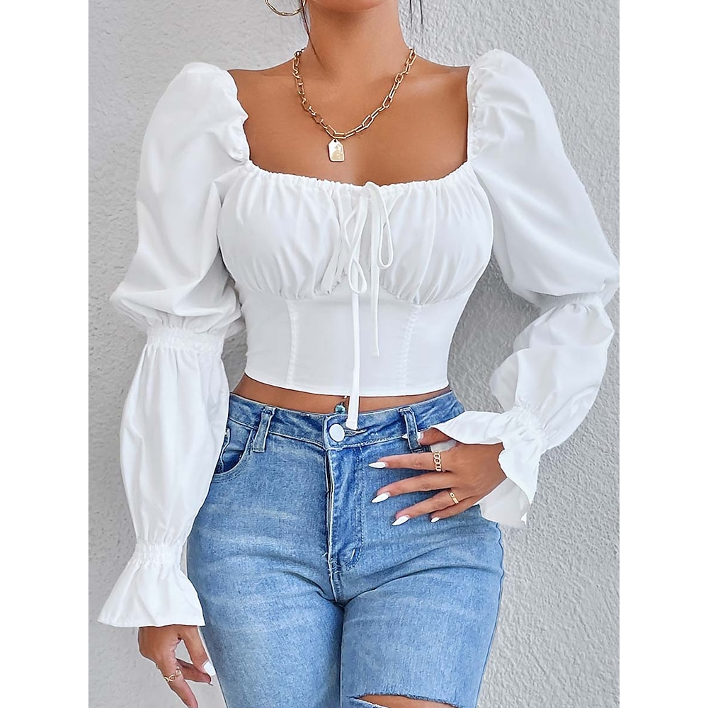 Damen Wickel-Crop-Top Elegant Langarm U-Ausschnitt Crop Tops Schwarz Weiß Sommer Frühling Lightinthebox