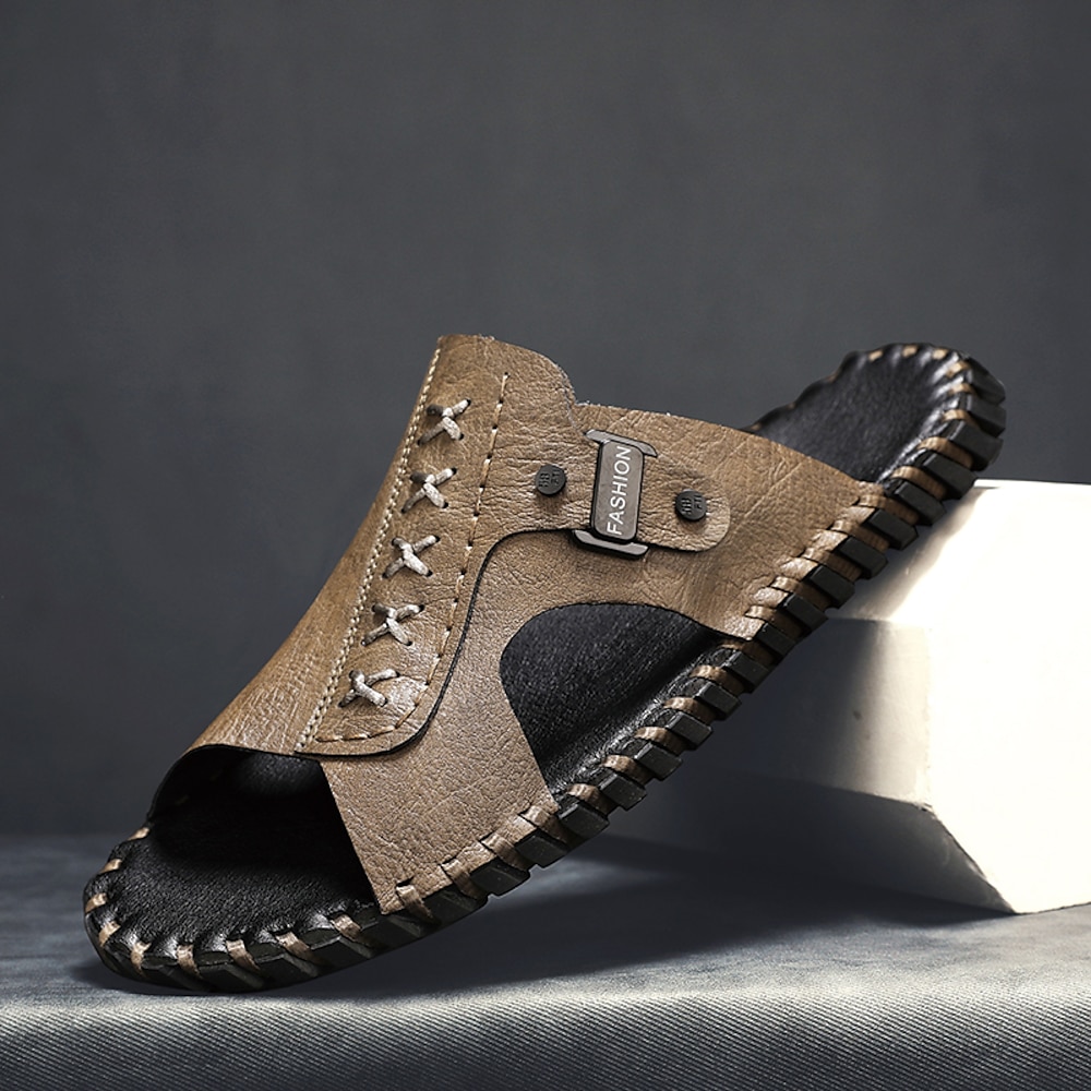 lässige braune Slide-Sandalen für Herren mit Lederriemen und stilvollen Nahtdetails - bequem für den Alltag, den Strand und entspannte Ausflüge Lightinthebox