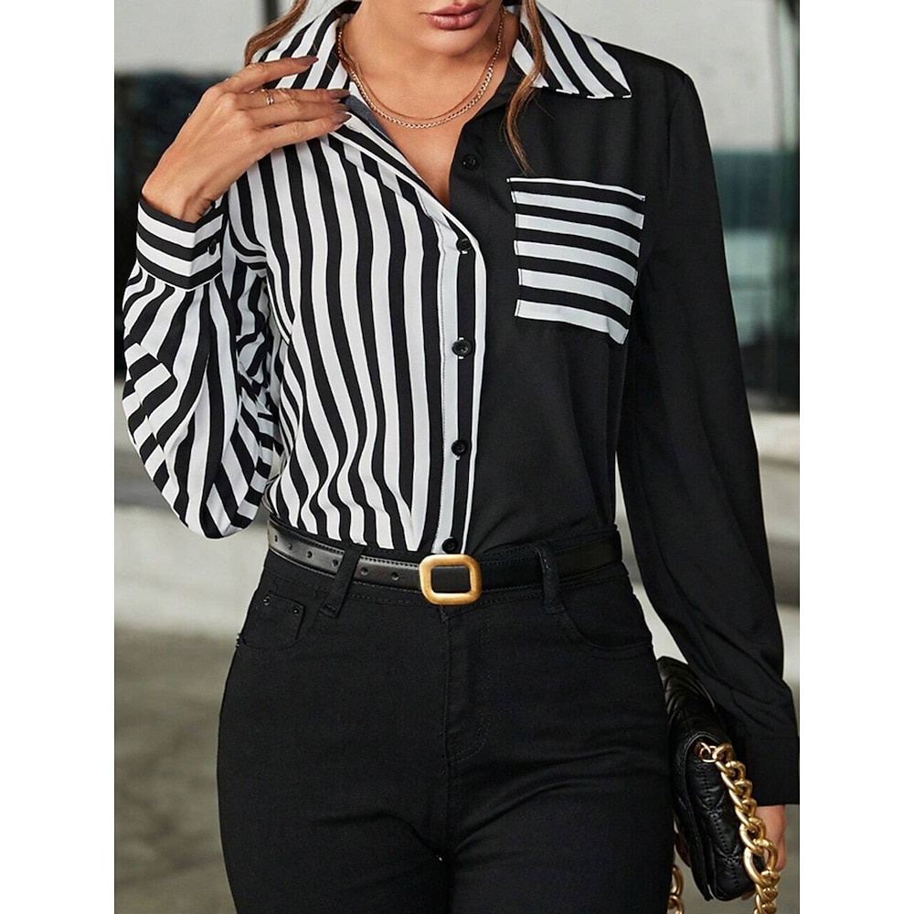 Damen Hemd Bluse Gestreift Modern Brautkleider schlicht Langarm Hemdkragen Normale Oberteile Arbeit Täglich Knopf Bedruckt Schwarz Frühling Herbst Lightinthebox