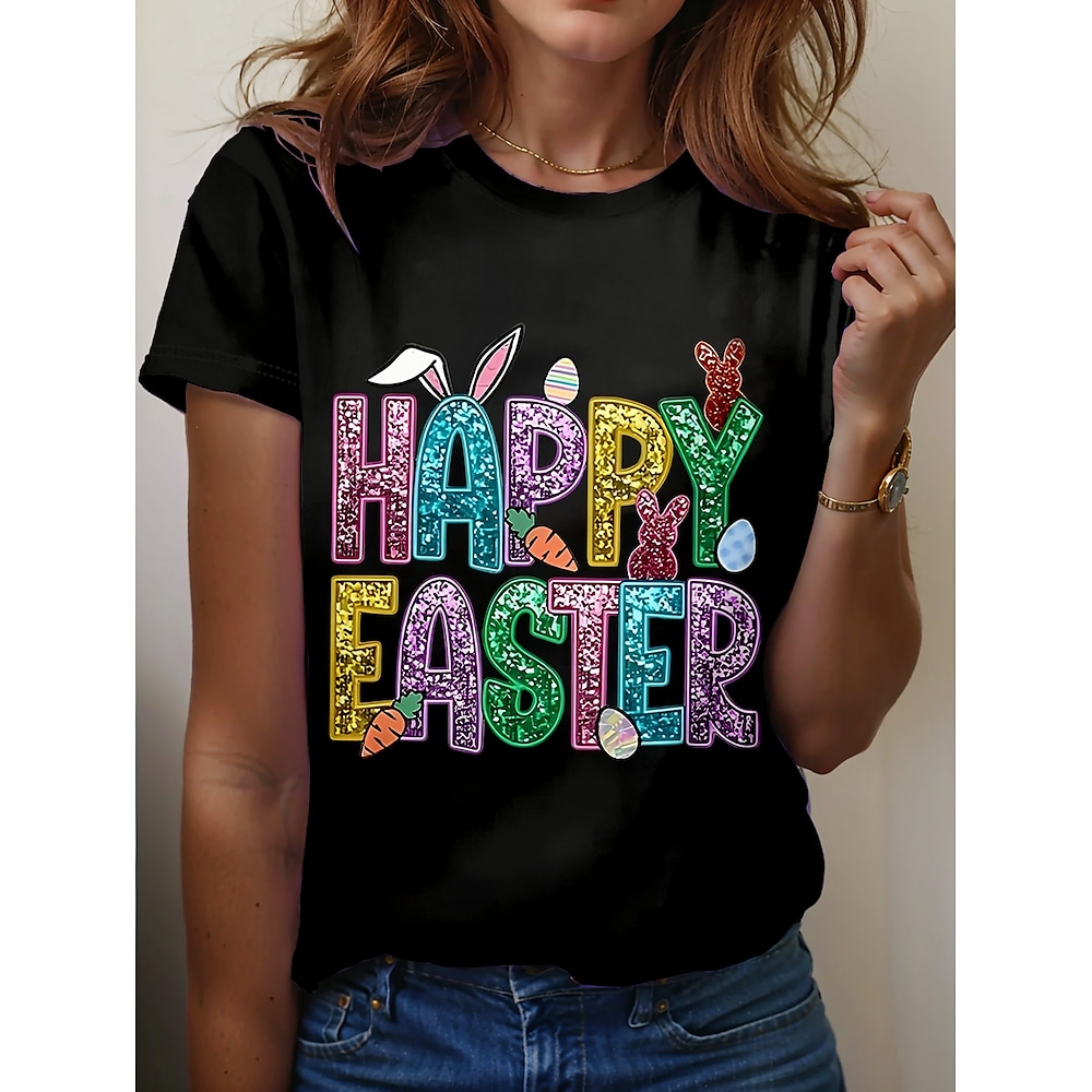 Damen T Shirt Brautkleider schlicht Ostern Tier Buchstabe Normale Oberteile Kurzarm Rundhalsausschnitt Bedruckt Regular Fit Täglich Schwarz Rosa Sommer Frühling Lightinthebox