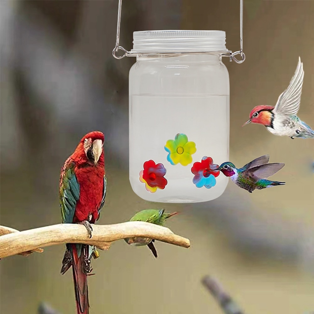 Kolibri-Futterspender - Kolibri-Futterglas, Einmachglas-Futterspender, auslaufsichere Silikonblumen, Vogelwasserbecher mit breiter Öffnung oben, 450 ml Vogelfutter-Wasserspender im Einmachglas für Lightinthebox