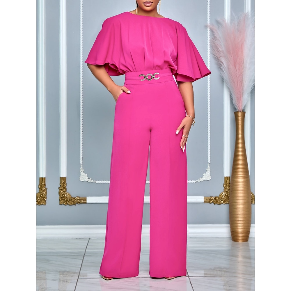 Damen Normal Jumpsuit Strassenmode Feste Farbe Halbe Ärmel Rundhalsausschnitt Hohe Taillenlinie Party B¨¹ro Regular Fit Schwarz Rote Königsblau Sommer Lightinthebox