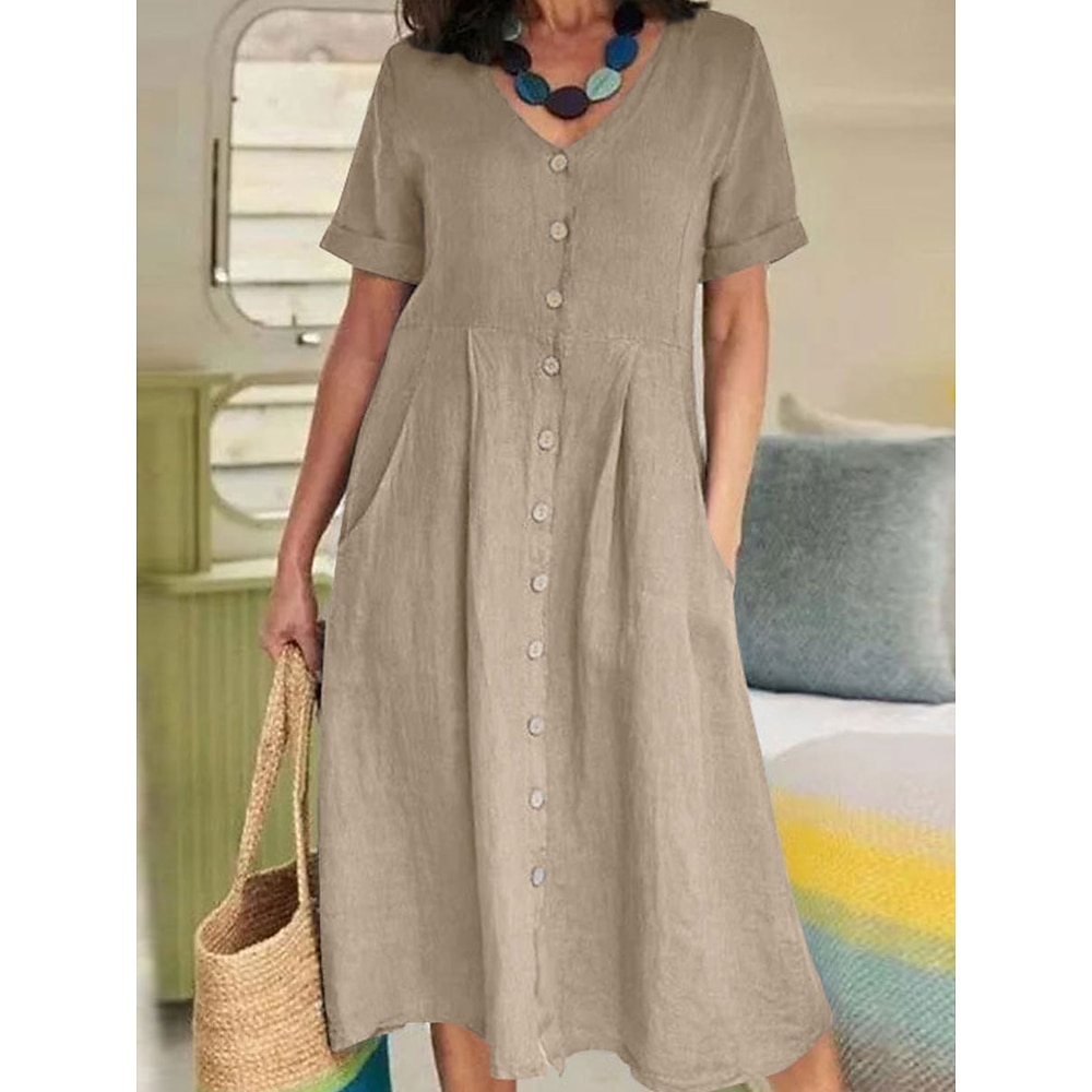 Damen Midikleid Casual kleid Baumwoll-Leinenkleid Elegant Vintage Basic Urlaub Casual Täglich Regular Fit Glatt Kurzarm V Ausschnitt Weiß Blau Grün Khaki Sommer Frühling Lightinthebox