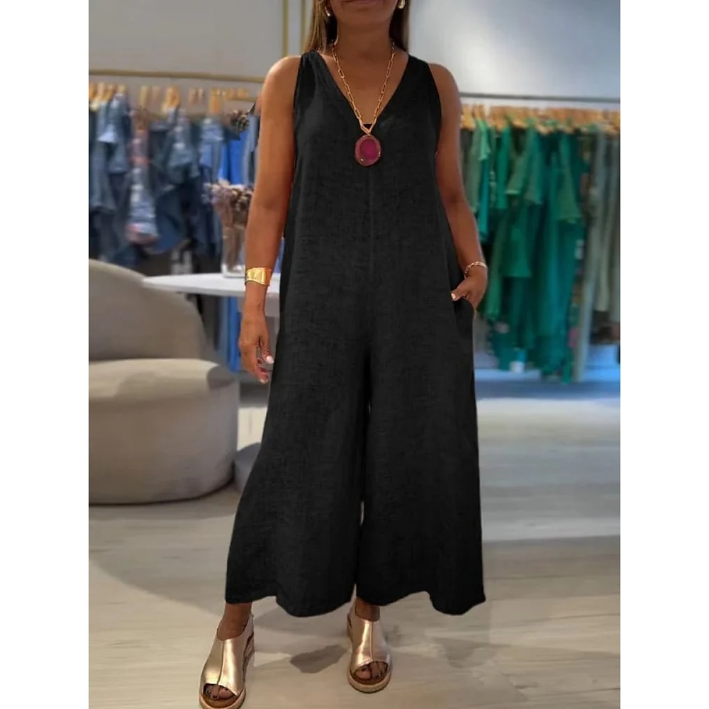 Damen Normal Jumpsuit Aktiv Feste Farbe Ärmellos V Ausschnitt Tasche Urlaub Täglich Regular Fit Schwarz Weiß Gelb Sommer Lightinthebox