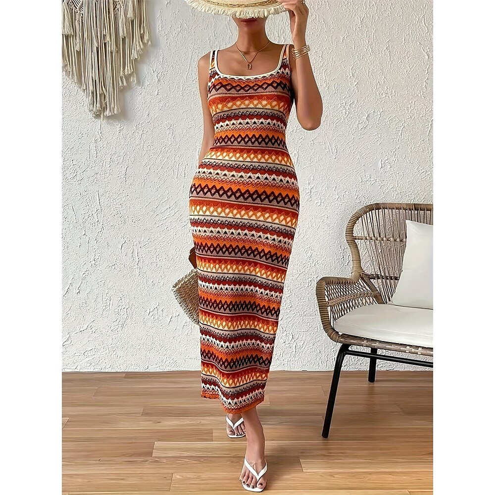 Damen Midikleid skims dress Figurbetontes Kleid Schulterfreies Kleid Urlaub Urlaub Casual Täglich Regular Fit Graphic Ärmellos Quadratischer Ausschnitt Braun Sommer Lightinthebox