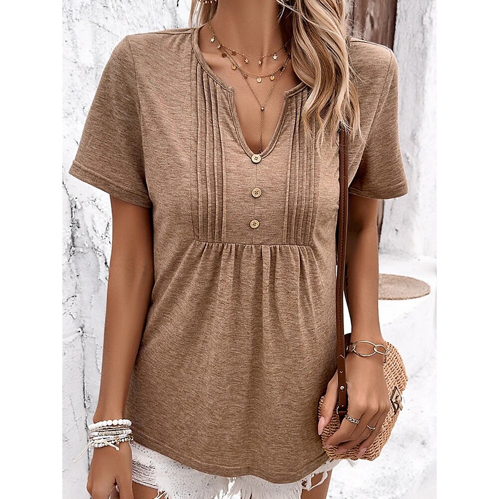 Damen T Shirt Modisch Modern Brautkleider schlicht Glatt Normale Oberteile Kurzarm Gekerbter Hals Knopf Regular Fit Täglich Wochenende Khaki Sommer Lightinthebox