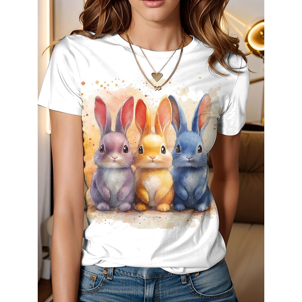 Ostern Damen T Shirt Tier Brautkleider schlicht Kurzarm Rundhalsausschnitt Normale Oberteile Täglich Bedruckt Weiß Sommer Lightinthebox