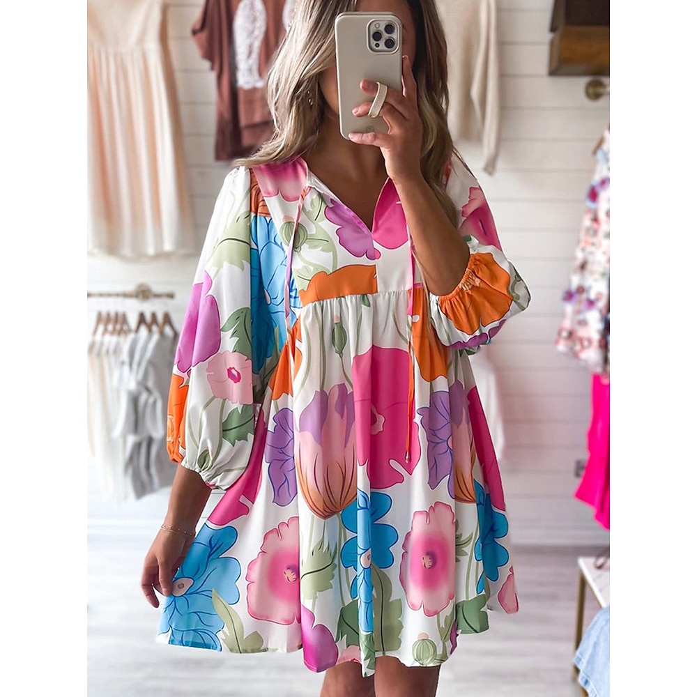 Damen Casual kleid A Linie Kleid Puffärmel Stilvoll Brautkleider schlicht Urlaub Täglich Regular Fit Blumen Halbe Ärmel V Ausschnitt Rosa Sommer Lightinthebox