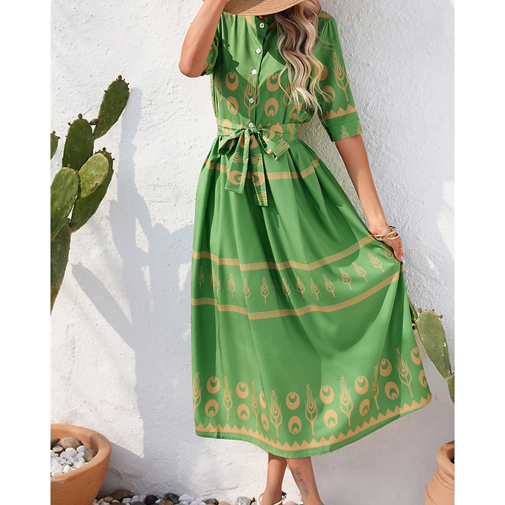 Damen Casual kleid Sommerkleid Boho-Kleid Modisch Outdoor Festtage Verabredung Regular Fit Bemalt 3/4 Ärmel Hemdkragen Schwarz Weiß Grün Sommer Frühling Lightinthebox