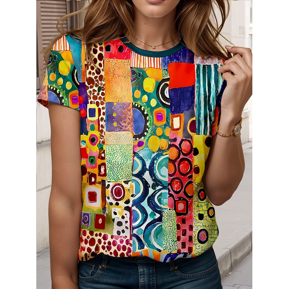 Ostern Damen T Shirt Geometrisch Farbblock Geometrie Modisch Brautkleider schlicht Kurzarm Rundhalsausschnitt Normale Oberteile Täglich Ausgehen Wochenende Bedruckt Regenbogen Sommer Frühling Lightinthebox