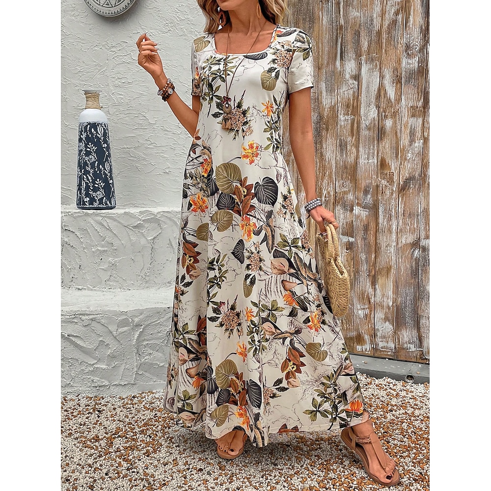 Damen Maxidress Casual kleid A Linie Kleid Sommerkleid Urlaub Vintage Ethnisch Täglich Regular Fit Blumen Graphic Kurzarm Quadratischer Ausschnitt Khaki Sommer Frühling Lightinthebox