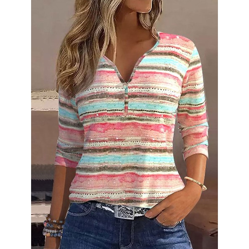 Damen T Shirt Gestreift Brautkleider schlicht Langarm Gekerbter Hals Normale Oberteile Täglich Bedruckt Rosa Frühling Herbst Lightinthebox