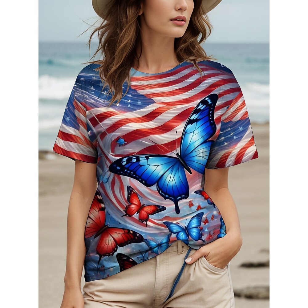 Damen Bluse Fahne Schmetterling USA Brautkleider schlicht Kurzarm Rundhalsausschnitt Normale Oberteile Ausgehen Strandbekleidung Urlaubskleidung Bedruckt Regenbogen Sommer Lightinthebox