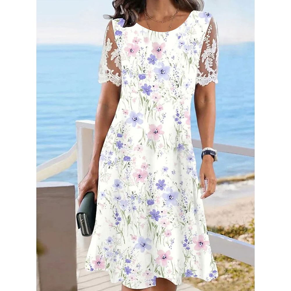 Damen Casual kleid Brautkleider schlicht Täglich Regular Fit Blumen Kurzarm Rundhalsausschnitt Weiß Sommer Lightinthebox