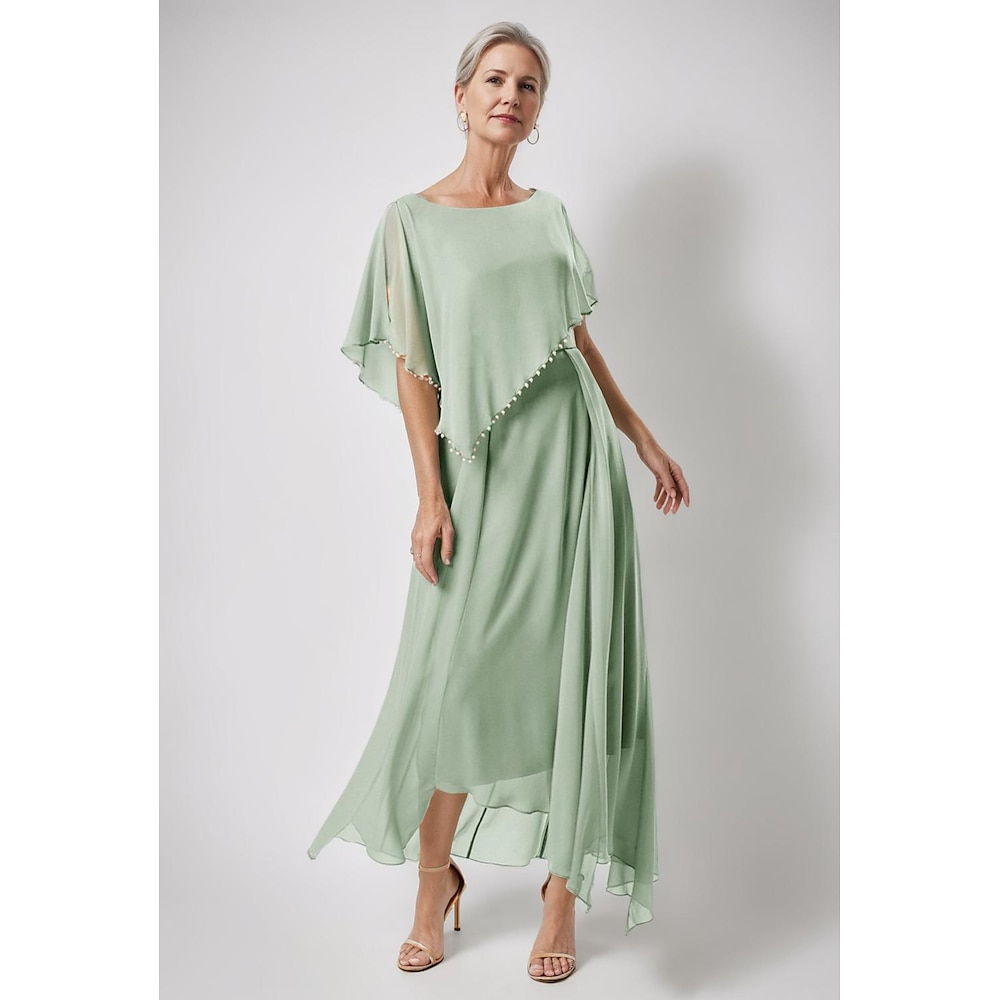 A-Linie Brautmutterkleid Elegant Einfach Minimalistisch Schmuck Boden-Länge Chiffon Kurzarm mit Perlen Verzierung Rüschen Kaskaden Rüschen 2025 Lightinthebox