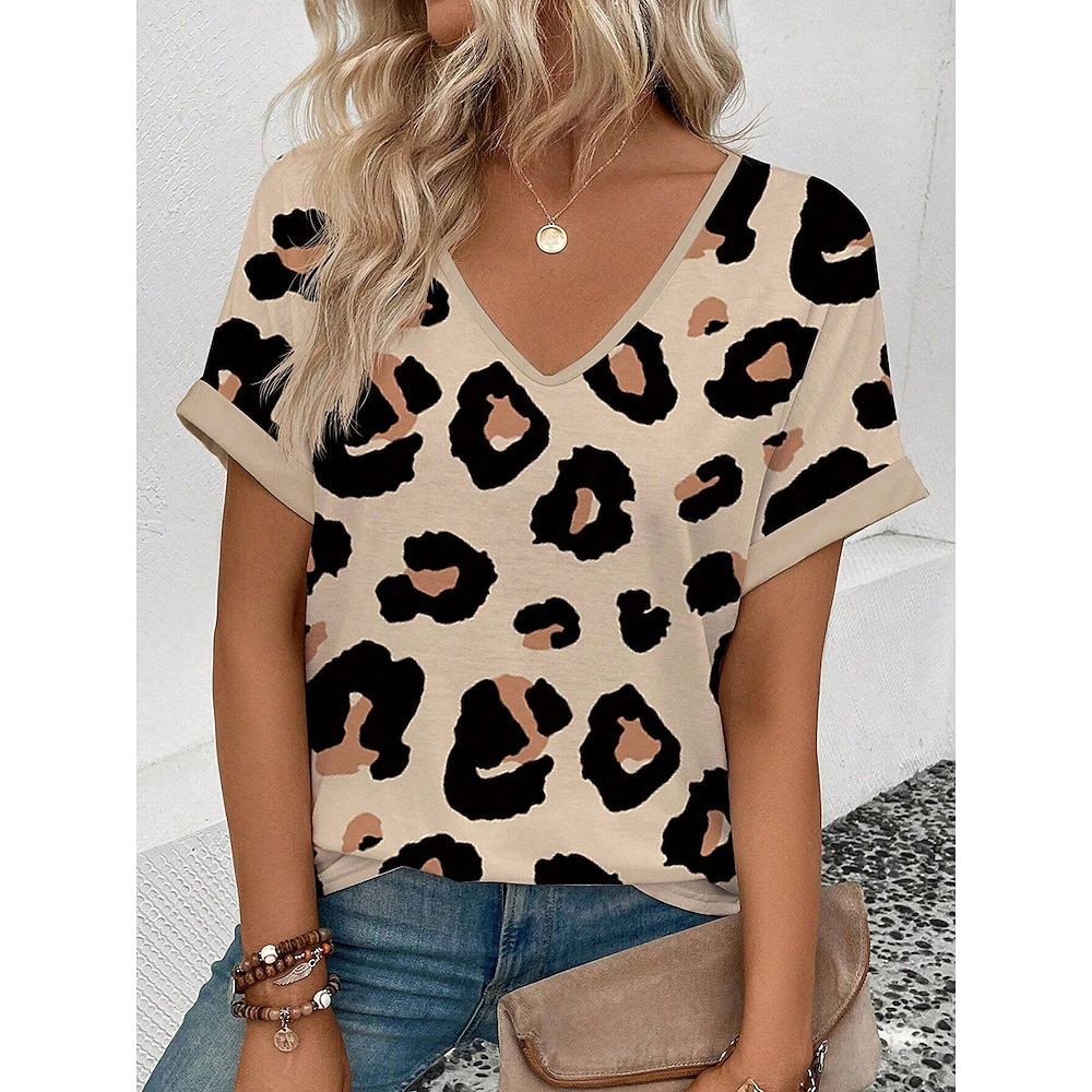 Damen T Shirt Leopard Stilvoll Brautkleider schlicht Kurzarm V Ausschnitt Normale Oberteile Täglich Bedruckt Khaki Sommer Lightinthebox