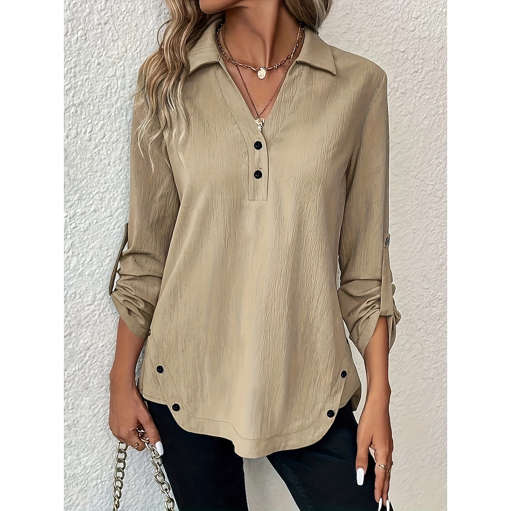 Damen Übergröße Bluse Feste Farbe Täglich Langarm V Ausschnitt Normale Oberteile Täglich Knopf Khaki Frühling Herbst Lightinthebox