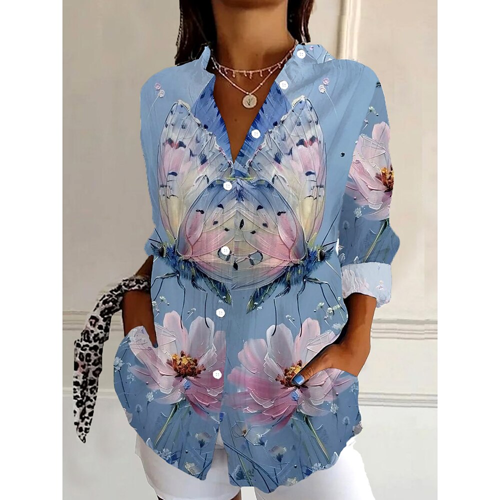 Damen Hemd Bluse Blumen Graphic Schmetterling Täglich Stilvoll Retro Vintage Langarm Hemdkragen Normale Oberteile Täglich Festtage Ausgehen Knopf Staubiges Blau Sommer Frühling Lightinthebox