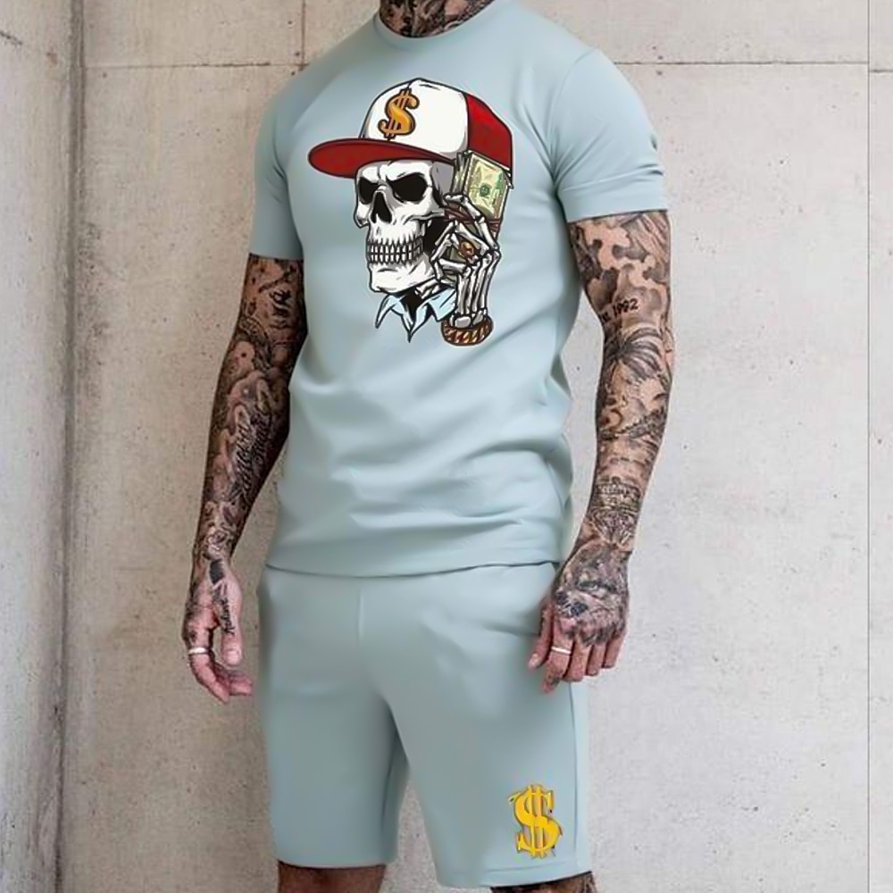 Herren Totenkopf Motiv 2St Sommertops Kurzarm Kurze Hosen T-Shirts-Sets Rundhalsausschnitt Sport Streetstyle Dunkel Strasse Sport Täglich 3D-Druck Hellblau Lightinthebox