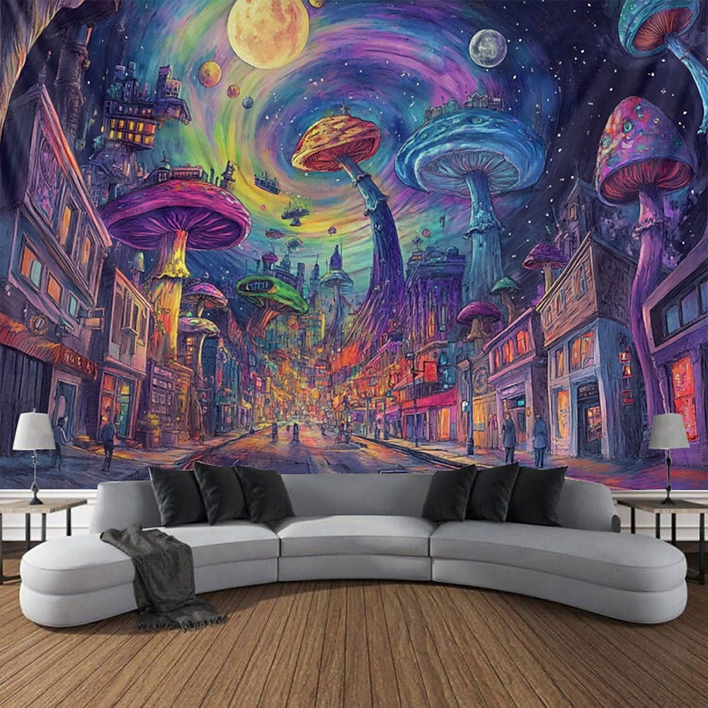 Trippy Pilze Stadt Hängende Wandteppich Wandkunst Großer Wandteppich Wandmalerei Dekor Fotografie Hintergrund Decke Vorhang Heim Schlafzimmer Wohnzimmer Dekoration Lightinthebox