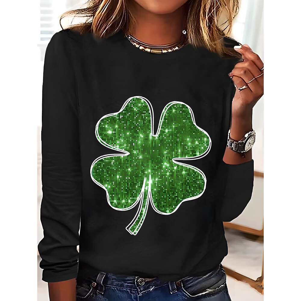 St. Patrick Damen T Shirt Kleeblatt Pflanzen Brautkleider schlicht Langarm Rundhalsausschnitt Normale Oberteile Täglich Bedruckt Schwarz Weiß Frühling Herbst Lightinthebox