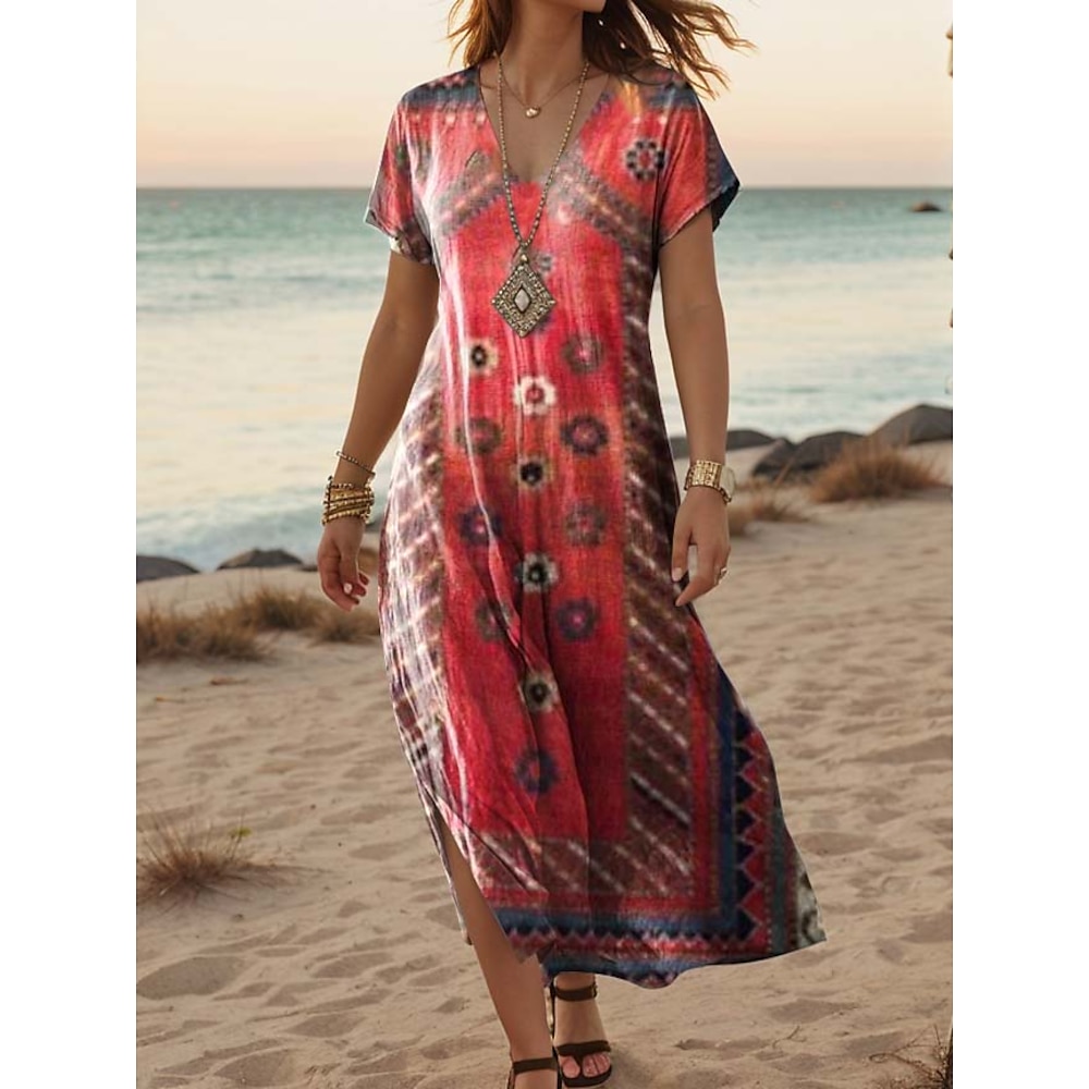 Damen Maxidress Casual kleid A Linie Kleid Böhmen Stilvoll Brautkleider schlicht Urlaub Täglich Regular Fit Böhmische Ethnisch Boho Paisley Damast Kurzarm V Ausschnitt Rote Sommer Frühling Lightinthebox