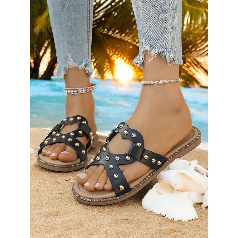 Damen Sandalen Boho Urlaub Täglich Niete Flacher Absatz Runde Zehe Böhmen Urlaub PU Halbschuhe Schwarz Beige Lightinthebox