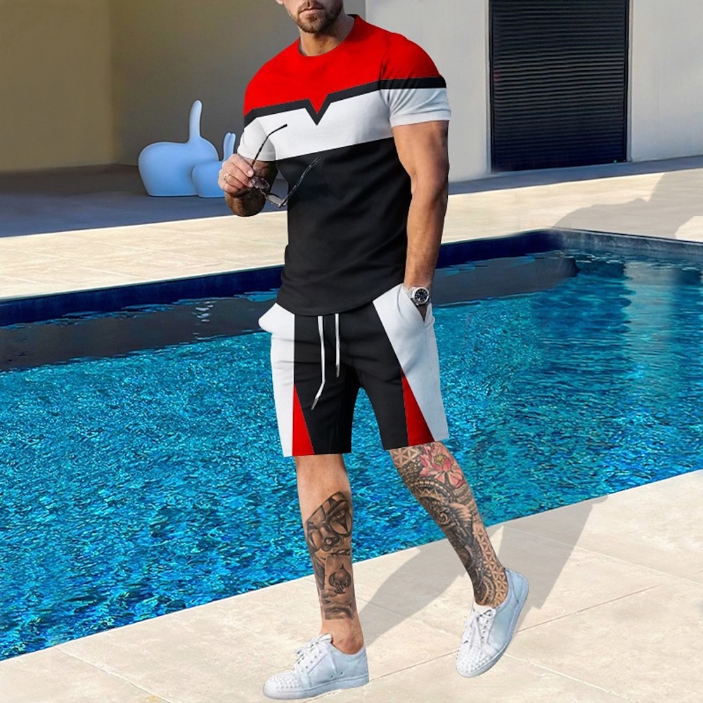 Herren T-Shirt Anzüge 2-teiliges Outfit T-Shirt und Shorts Farbblock Rundhalsausschnitt Urlaub Freizeitskleidung Kurzarm 2 teilig Bekleidung Polyester Modisch Brautkleider schlicht Lightinthebox