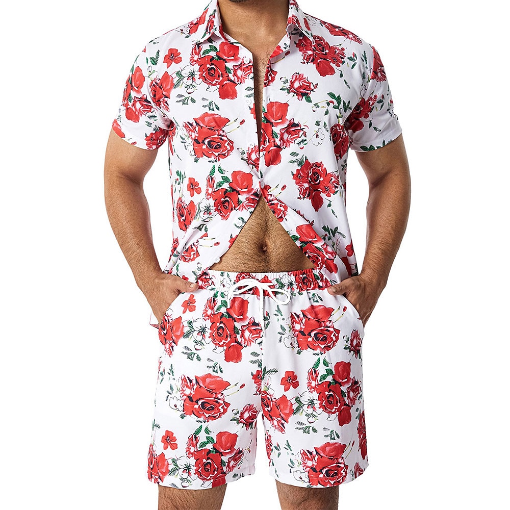 Herren Rose 2St Sommertops Kurzarm Kurze Hosen Hemden-Sets Umlegekragen Brautkleider schlicht Outdoor Heim Casual 3D-Druck Weiß und Rot Lightinthebox