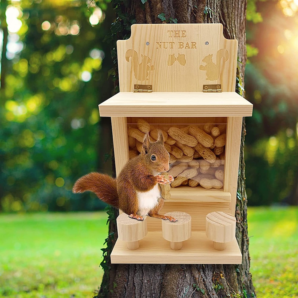 Eichhörnchenfutterspender für draußen, hölzerner Eichhörnchen-Fensterfutterspender, Nussriegel-Eichhörnchenfutterspender, vielseitiger Streifenhörnchenfutterspender, Eichhörnchen-Futterhaus für Lightinthebox