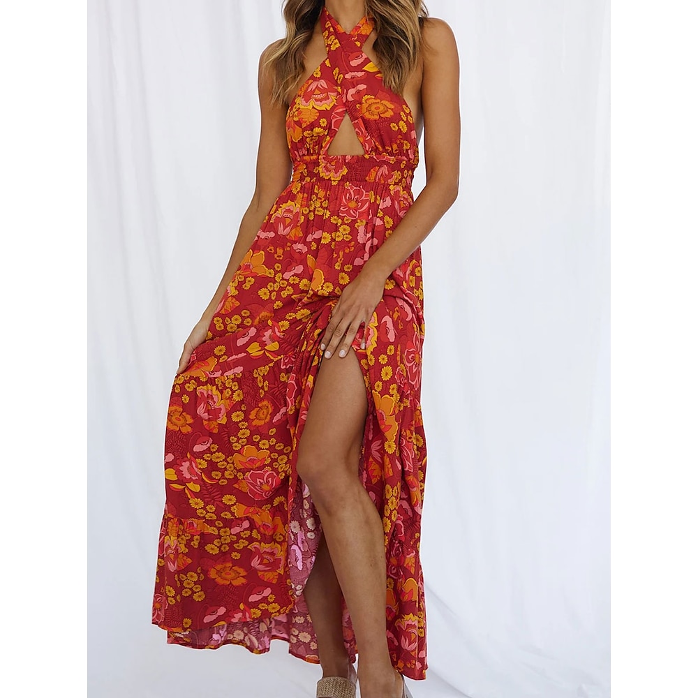 Damen Maxidress Sommerkleid Halterkleid Rückenfreies Kleid Urlaub Brautkleider schlicht Urlaub Casual Täglich Regular Fit Graphic Ärmellos Halfterhals Rote Leicht Blau Sommer Lightinthebox