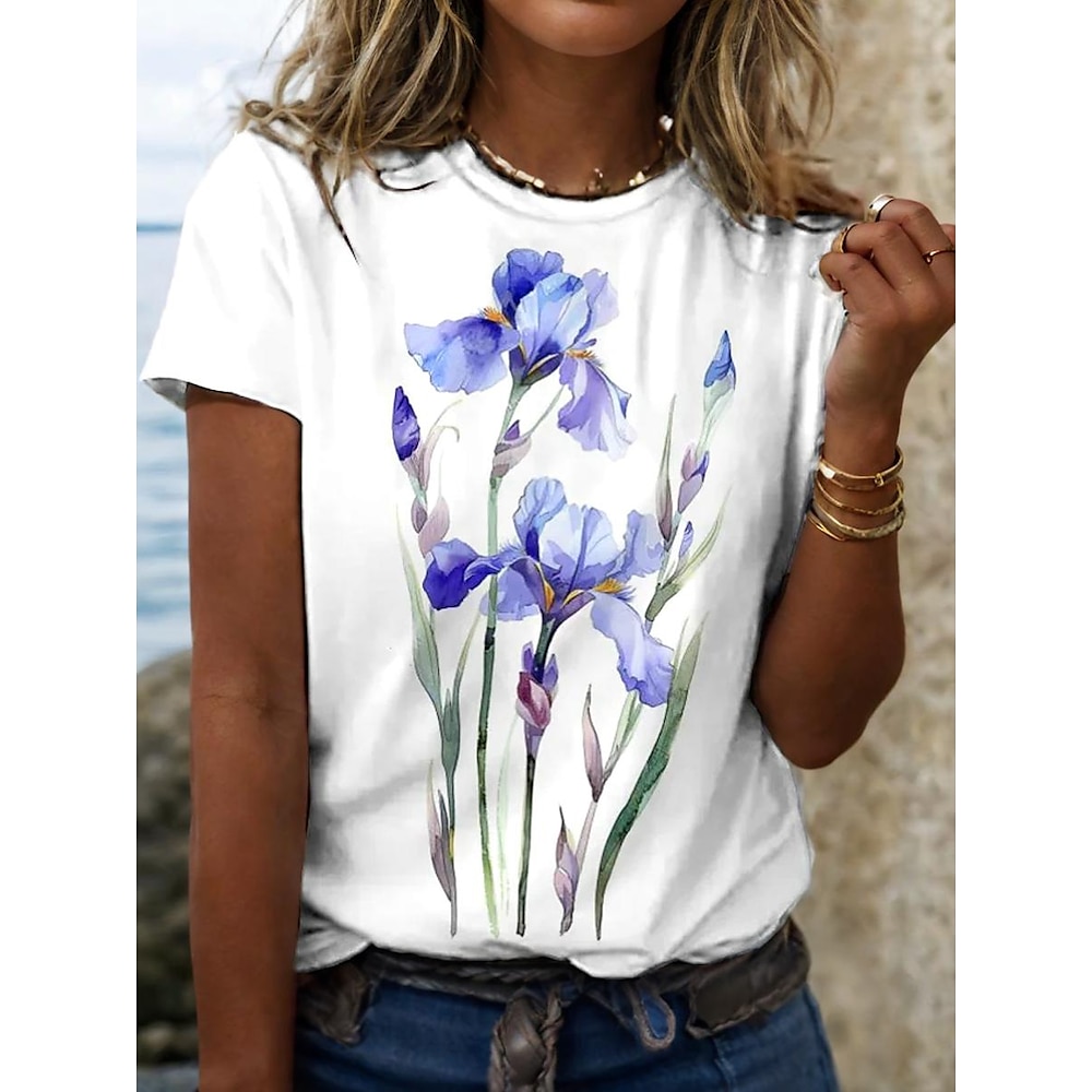 Damen T Shirt Blumen Brautkleider schlicht Kurzarm Gekerbter Hals Normale Oberteile Täglich Bedruckt Weiß Sommer Frühling Lightinthebox