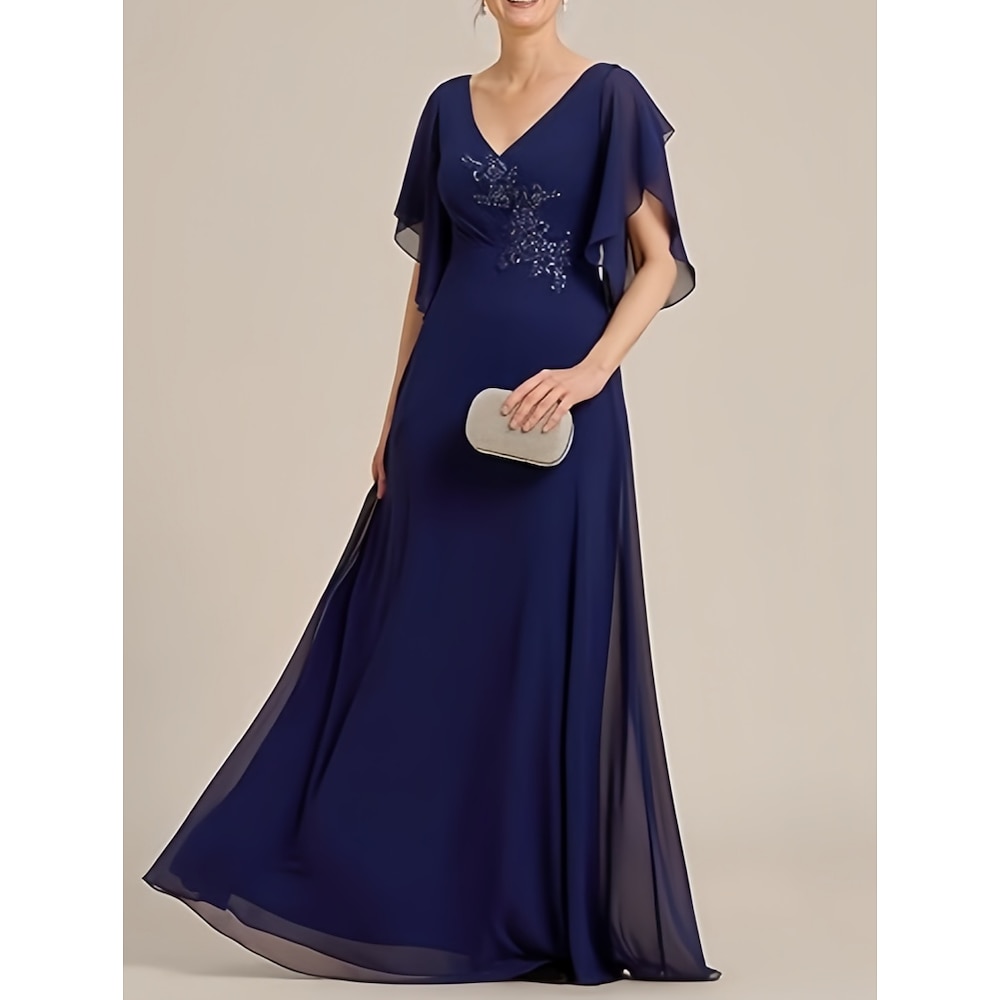 A-Linie Brautmutterkleid Elegant Vintage V Ausschnitt Boden-Länge Chiffon Kurzarm mit Perlenstickerei Applikationen 2025 Lightinthebox