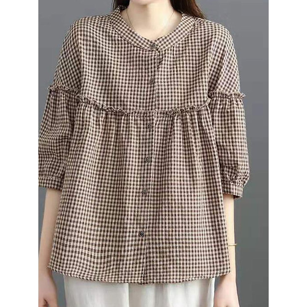 Damen Hemd Bluse Plaid Elegant Täglich Stilvoll 3/4 Ärmel Rundhalsausschnitt Normale Oberteile Täglich Knopf Schwarz Rote Leicht Braun Sommer Frühling Lightinthebox