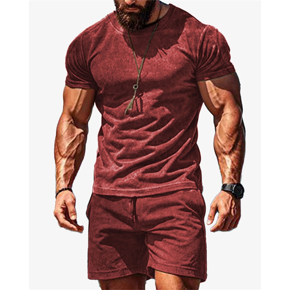 Herren Trainingsset Trainingsanzug T-Shirt und Shorts einstellen Outfit-Set Rundhalsausschnitt Outdoor Täglich Sport Tasche Kordelzug 2 teilig Feste Farbe Weinrot Königliches Blau Grün Polyester Lightinthebox