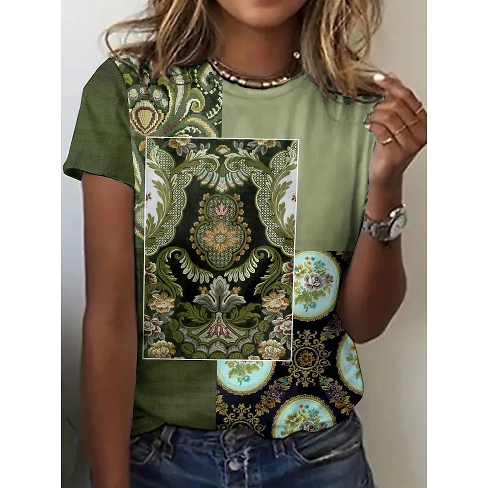 Damen T Shirt Blumen Graphic Vintage Elegant Vintage Modisch Kurzarm Rundhalsausschnitt Normale Oberteile Täglich Ausgehen Wochenende Bedruckt Salbeigrün Sommer Lightinthebox