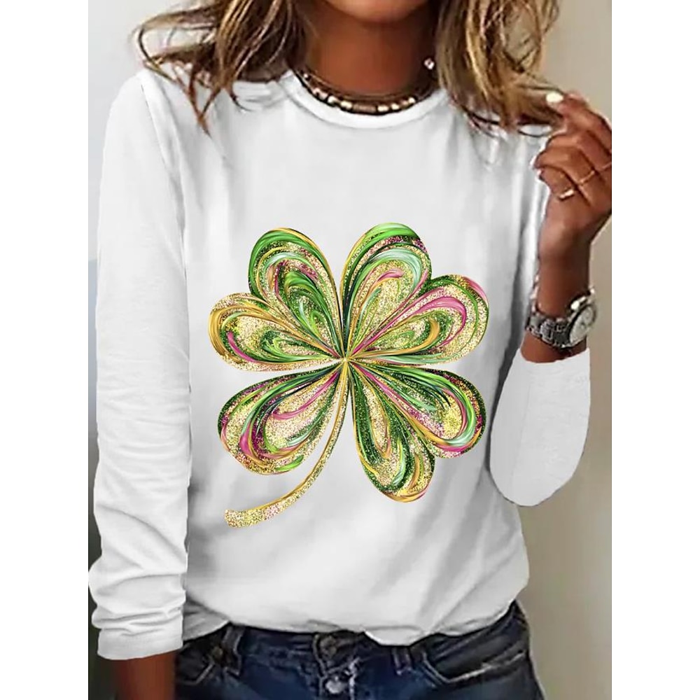 St. Patrick Damen T Shirt Blumen Kleeblatt Brautkleider schlicht Langarm Rundhalsausschnitt Normale Oberteile Täglich Wochenende Bedruckt Weiß Sommer Frühling Lightinthebox