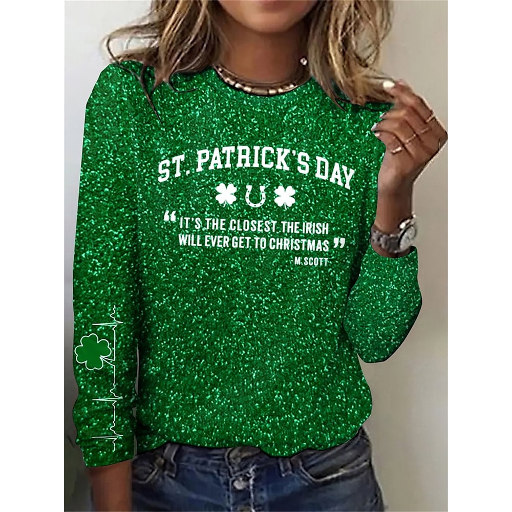 St. Patrick Damen T Shirt Buchstabe Brautkleider schlicht Langarm Rundhalsausschnitt Normale Oberteile Täglich Bedruckt Grün Frühling Herbst Lightinthebox