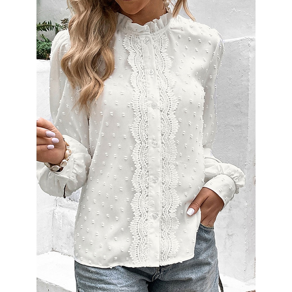 Damen Hemd Bluse Punkt Elegant Täglich damas Langarm Stehkragen Normale Oberteile Arbeit Täglich Festtage Patchwork Weiß Rosa Frühling Herbst Lightinthebox