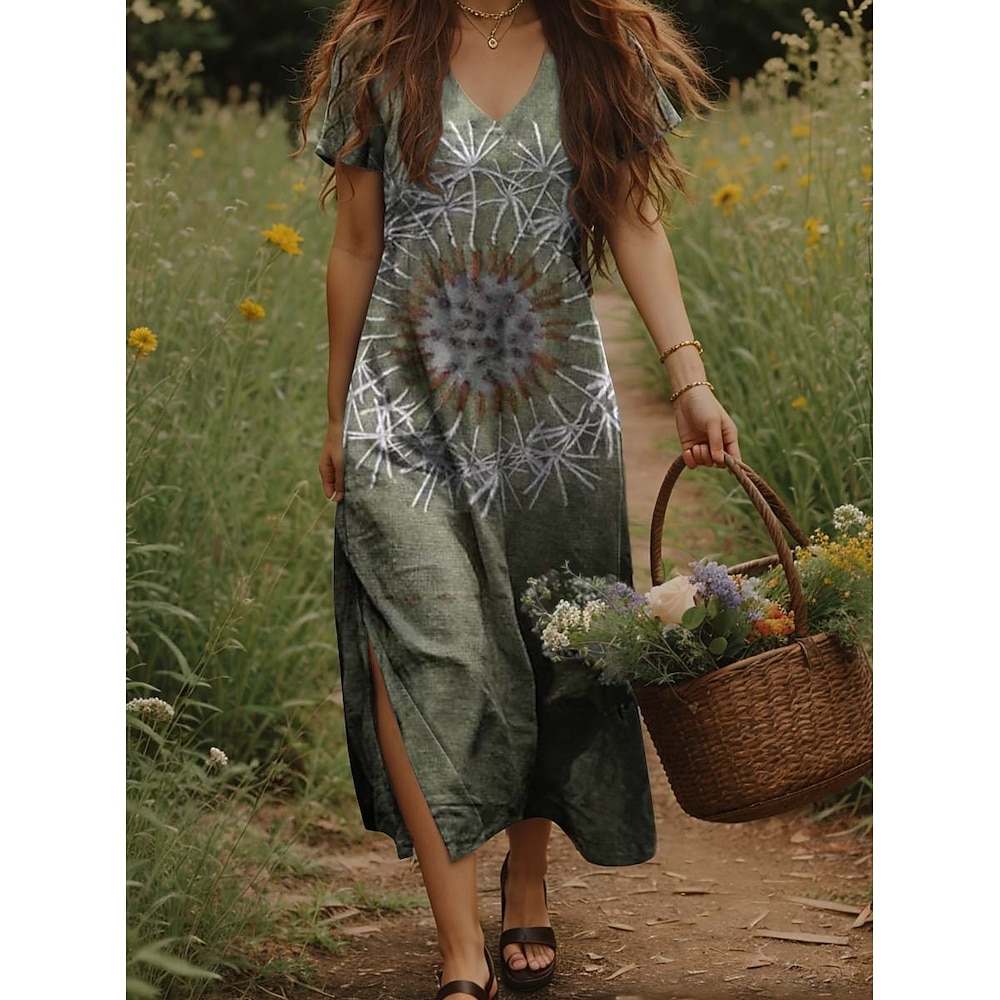 Damen Maxidress Casual kleid Ethnisches Kleid Boho Chic Kleider A Linie Kleid Böhmen Urlaub Brautkleider schlicht Urlaub Täglich Regular Fit Blumen Kurzarm V Ausschnitt Salbeigrün Sommer Frühling Lightinthebox