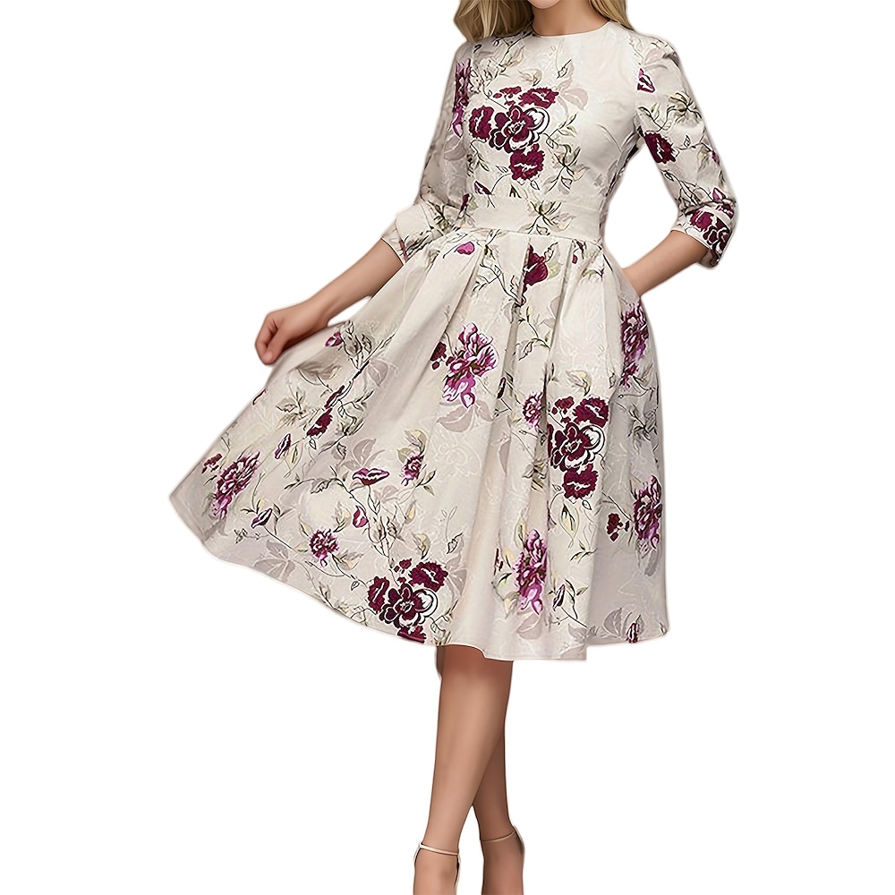 Damen Midikleid Elegantes Kleid Elegant Arbeit Täglich Verabredung Regular Fit Blumen 3/4 Ärmel Rundhalsausschnitt Beige Sommer Frühling Herbst Winter Lightinthebox