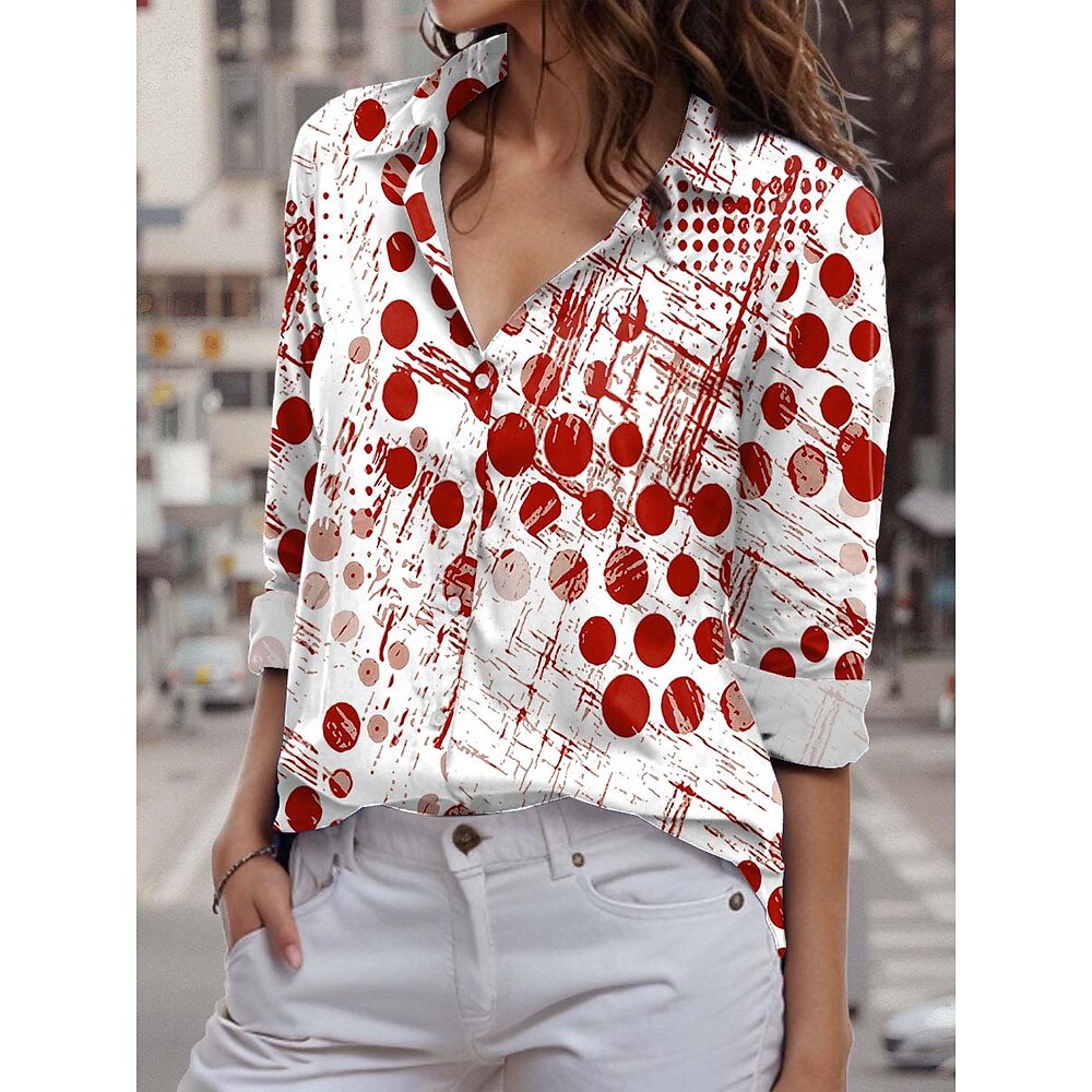 Damen Hemd Graphic Geometrisch Brautkleider schlicht Langarm Hemdkragen Normale Oberteile Arbeit Täglich Knopf Bedruckt Rote Frühling Herbst Winter Lightinthebox